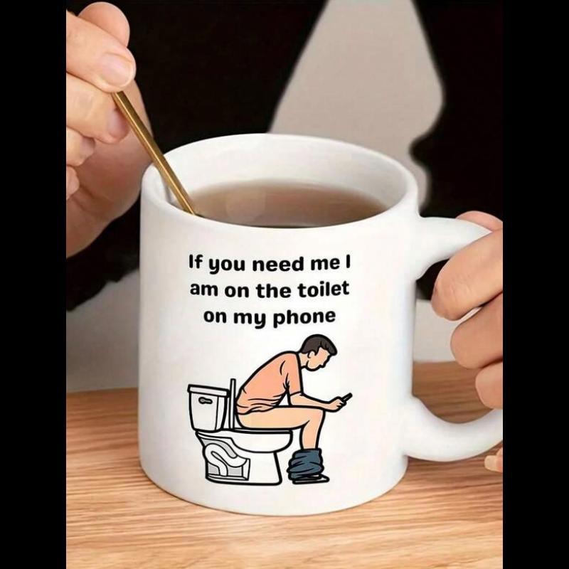 Tailorly White Ceramic 11 oz Mug - If You Need Me I Am On The Toilet On My Phone Humorous Cartoon Person Sitting On A White Porcelain Toilet Using A Smartphone