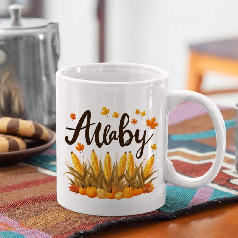 Tailorly White Ceramic 11 oz Mug - Abby Golden Corn Husks With Small Pumpkins Among Falling Autumn Leaves Harvest