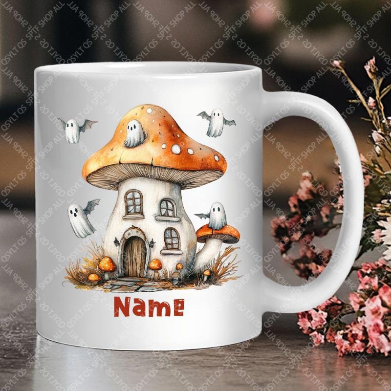 Tailorly White Ceramic 11 oz Mug - Name Enchanting Autumn Cottage Surrounded By Friendly Little Spooky Flying Ghosts Mushroom