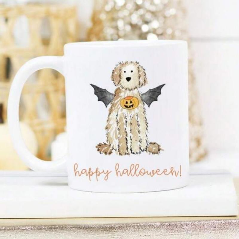 Tailorly White Ceramic 11 oz Mug - Happy Halloween Fluffy Golden Pet Wearing Bat Wings And Holding Carved Pumpkin Dog