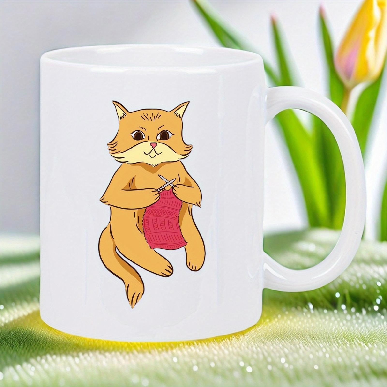 Tailorly White Ceramic 11 oz Mug - Hand Drawn Ginger Feline Knitting Pink Wool Among Soft Morning Sunlight Cat