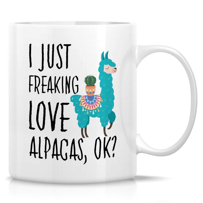 Tailorly White Ceramic 11 oz Mug - I Just Freaking Love Alpacas Ok Charming Blue Cartoon Llama Carrying Small Potted Green Cactus Alpaca