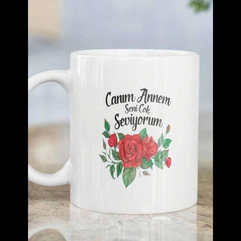 Tailorly White Ceramic 11 oz Mug - Blooming Vibrant Red Floral Arrangement With Delicate Green Leaves Watercolor Rose