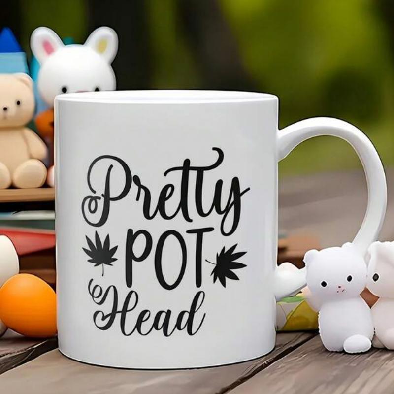 Tailorly White Ceramic 11 oz Mug - Pretty Pot Head Stylized Calligraphy Text With Two Symmetrical Dark Botanical Silhouette Leaf