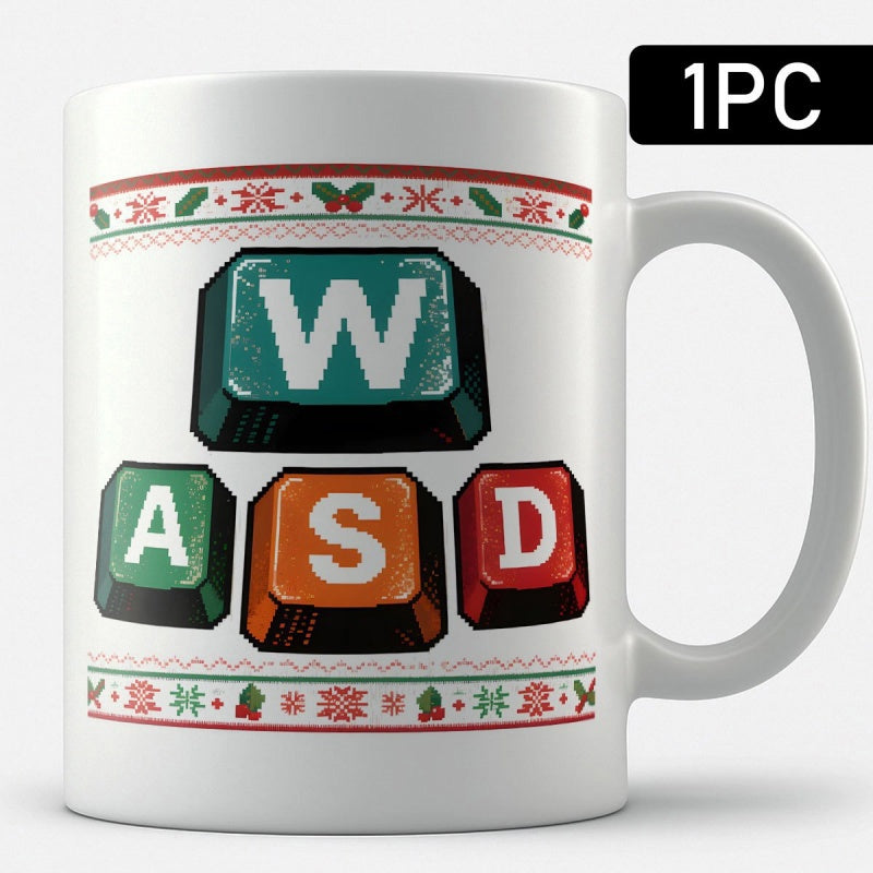 Tailorly White Ceramic 11 oz Mug - WASD Colorful Pixelated Keys Arranged With Festive Christmas Holiday Patterns Gaming Keyboard