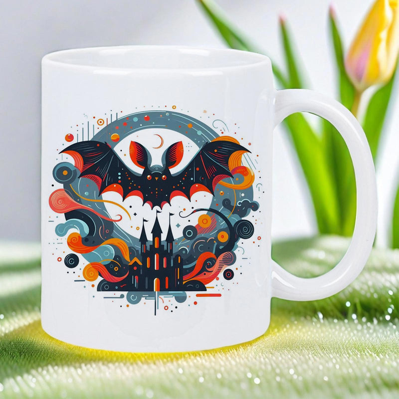 Tailorly White Ceramic 11 oz Mug - Mystical Night Scene With Spooky Castle And Vibrant Swirling Clouds Bat