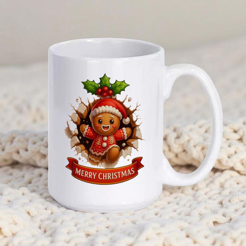Tailorly White Ceramic 11 oz Mug - Merry Christmas Festive Little Gingerbread Man Wearing Santa Hat Emerging Through Cracked Surface Gingerbread Man