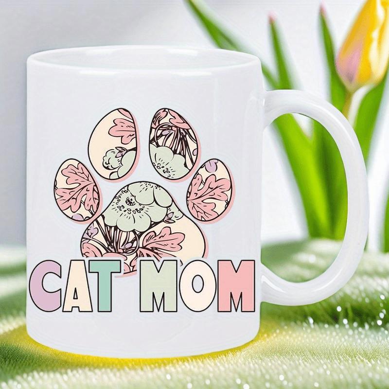 Tailorly White Ceramic 11 oz Mug - Cat Mom Pastel Colored Flowers Blooming Within A Large Animal Cat Paw