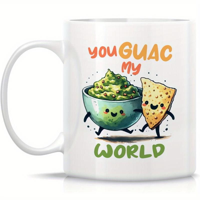Tailorly White Ceramic 11 oz Mug - You Guac My World Smiling Cartoon Green Bowl Holding Hands With Happy Yellow Chip Guacamole