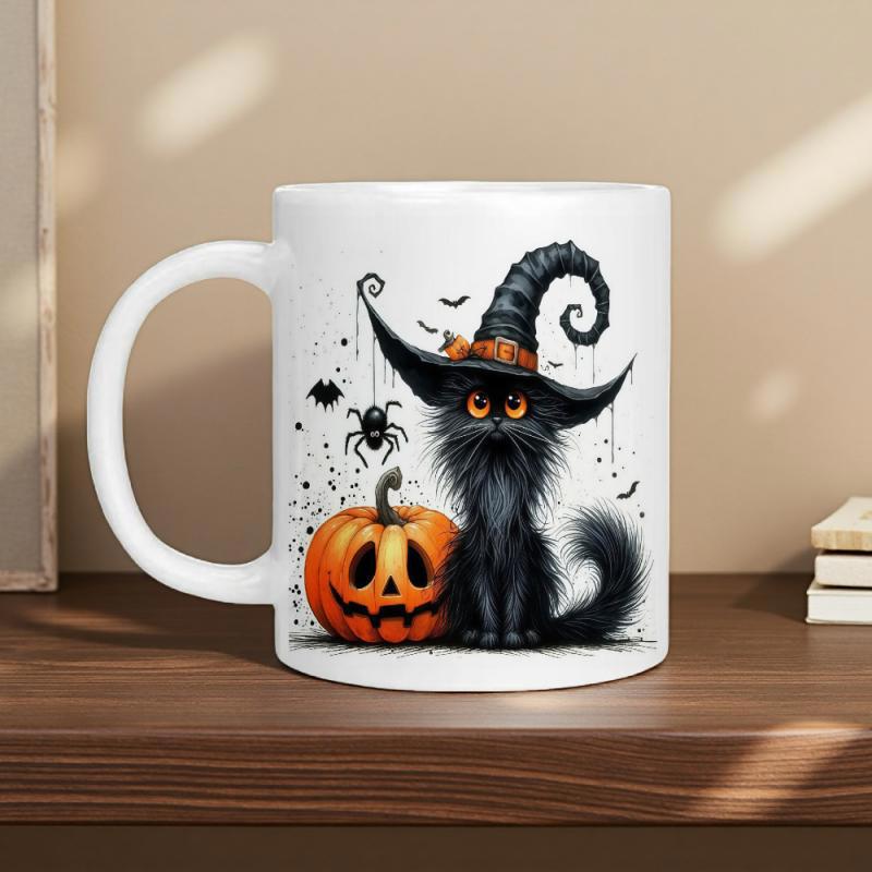 Tailorly White Ceramic 11 oz Mug - Fluffy Black Kitten Wearing Witch Hat Sitting Beside Carved Halloween Pumpkin Cat