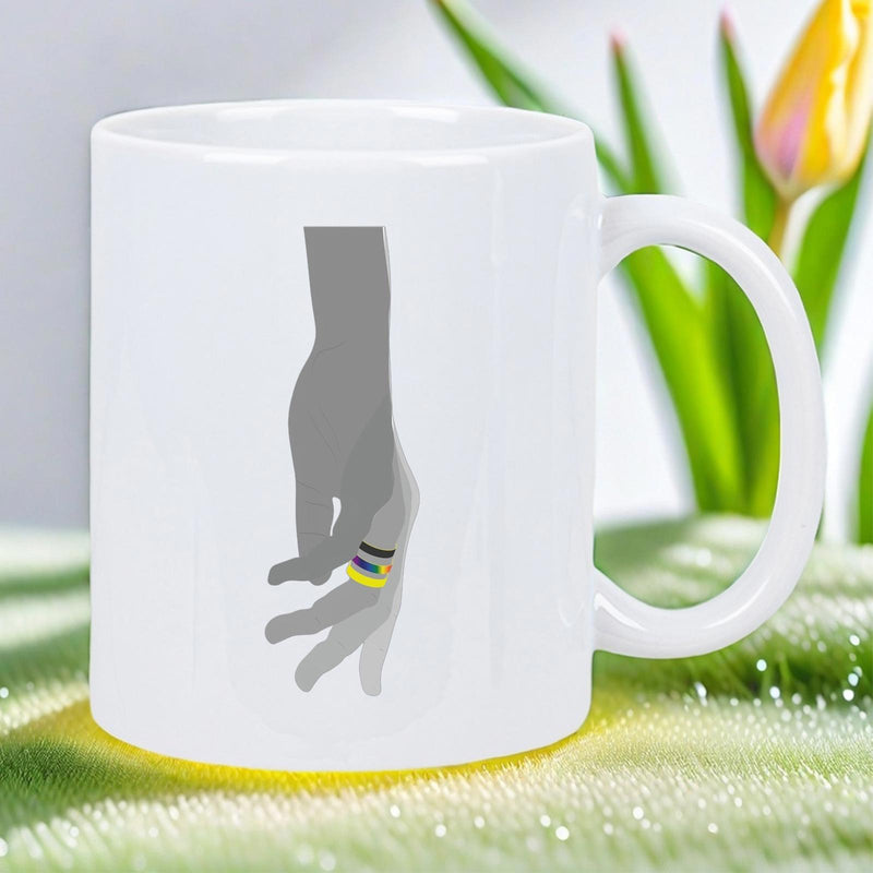 Tailorly White Ceramic 11 oz Mug - Minimalist Stylized Grey Silhouette Reaching With Nonbinary Pride Flag Band Hand