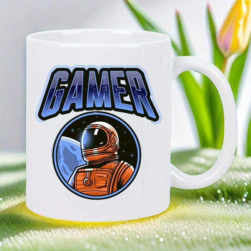 Tailorly White Ceramic 11 oz Mug - Gamer Brave Orange Suit Explorer Floating Among Stars And Blue Galactic Planet Astronaut