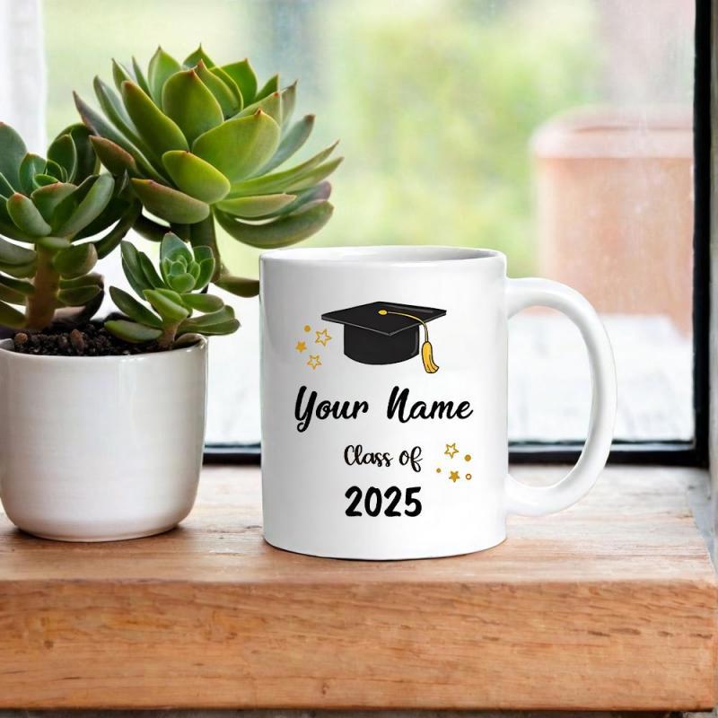 Tailorly White Ceramic 11 oz Mug - Your Name Class Of 2025 Classic Black Mortarboard With Gold Tassel And Sparkling Stars Celebration Graduation Cap