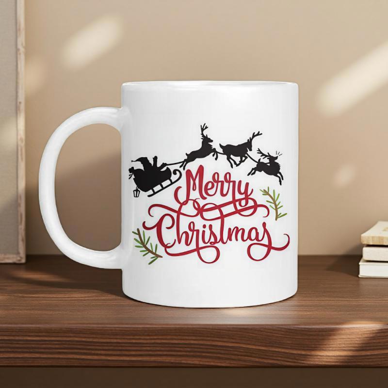 Tailorly White Ceramic 11 oz Mug - Merry Christmas Festive Reindeer Team Pulling Santa Sleigh Across The Winter Sky Sleigh