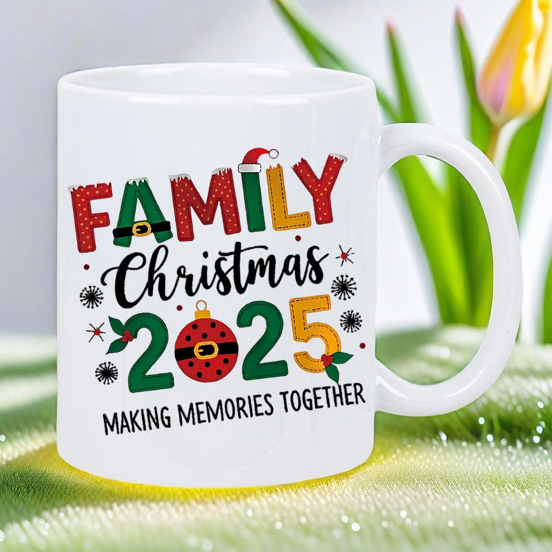 Tailorly White Ceramic 11 oz Mug - Family Christmas 2025 Making Memories Together Seasonal Holiday Illustration With Festive Patterns And Colorful Decorative