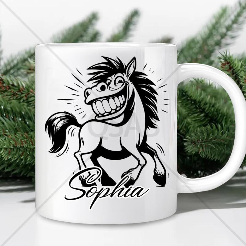 Tailorly White Ceramic 11 oz Mug - Sophia Playful Smiling Cartoon Character With A Large Toothy Grin Horse