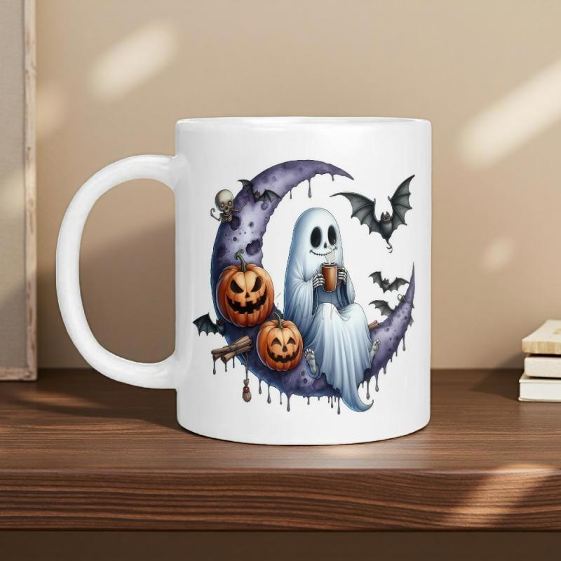 Tailorly White Ceramic 11 oz Mug - Spooky Halloween Night With Friendly Specter Resting On Dripping Crescent Moon Ghost