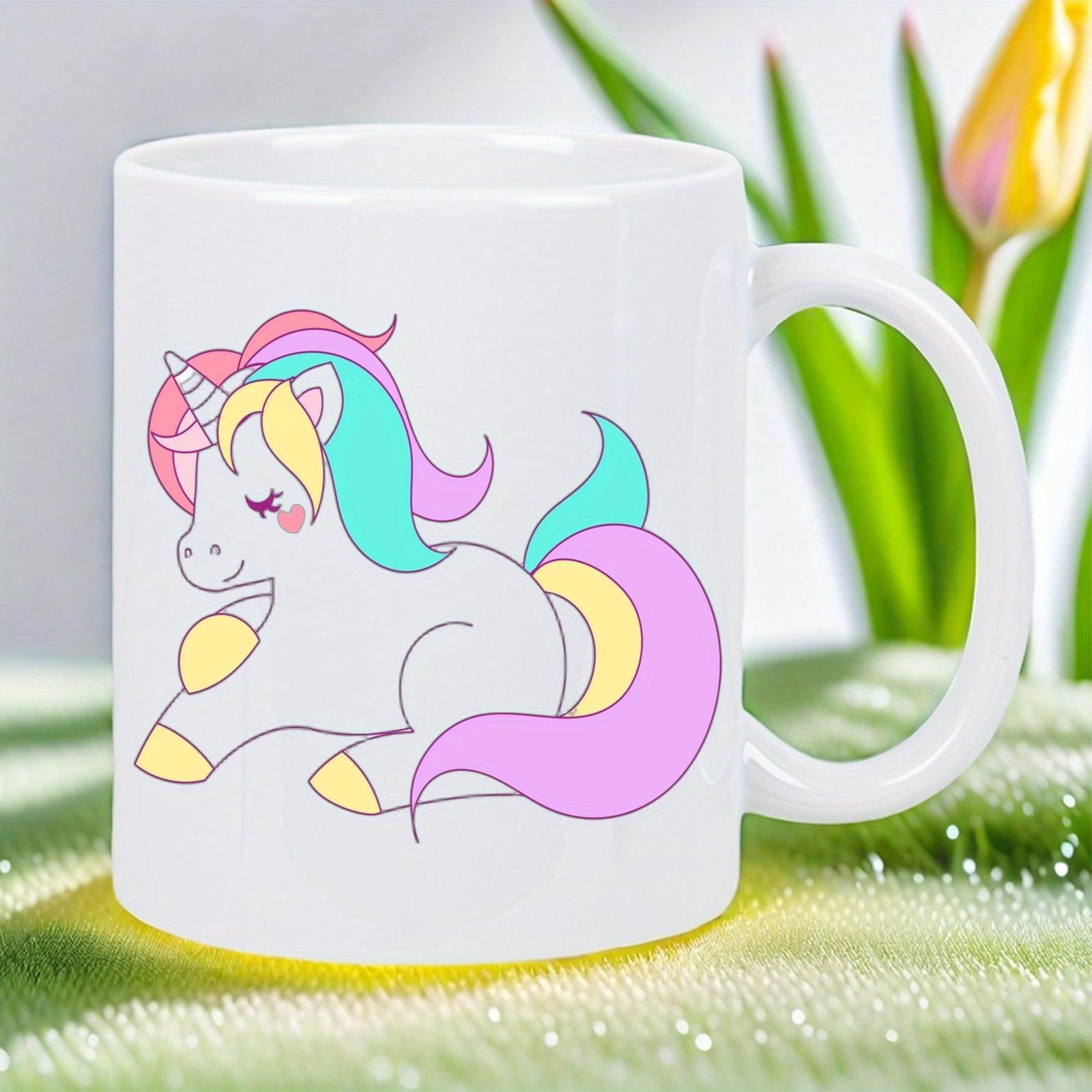 Tailorly White Ceramic 11 oz Mug - Adorable Colorful Mythical Creature Resting With Vibrant Soft Pastel Hair Unicorn