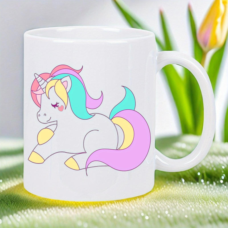 Tailorly White Ceramic 11 oz Mug - Adorable Colorful Mythical Creature Resting With Vibrant Soft Pastel Hair Unicorn