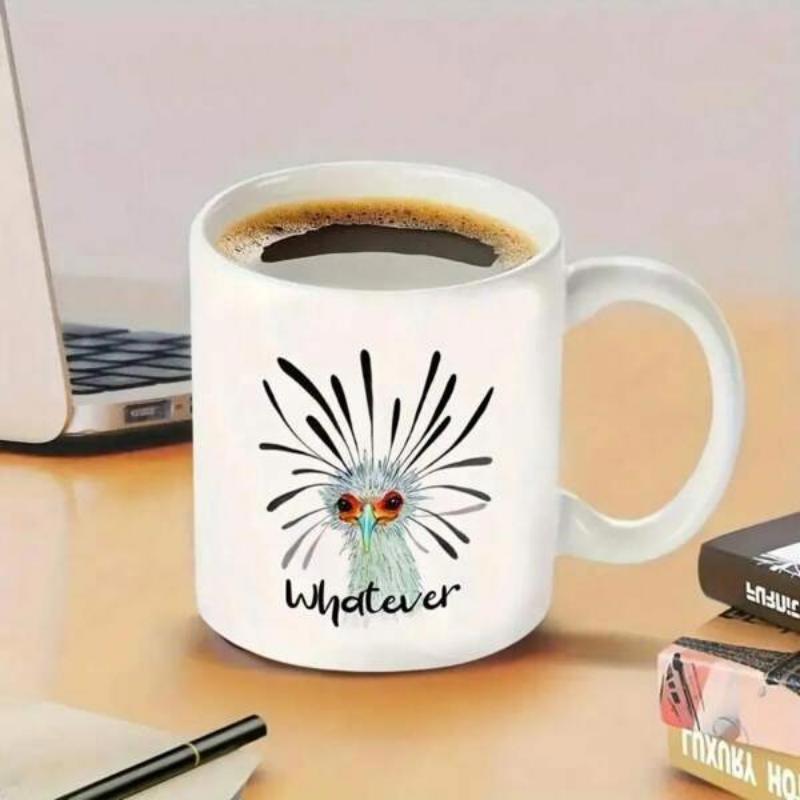 Tailorly White Ceramic 11 oz Mug - Whatever Quirky Bird With Long Radiating Spiky Feathers And Wide Expressive Eyes Bird