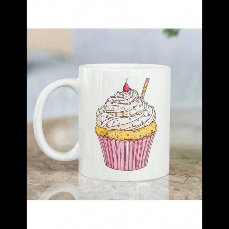 Tailorly White Ceramic 11 oz Mug - Delicious Sweet Treat With Pink Striped Case And Swirling White Frosting Cupcake