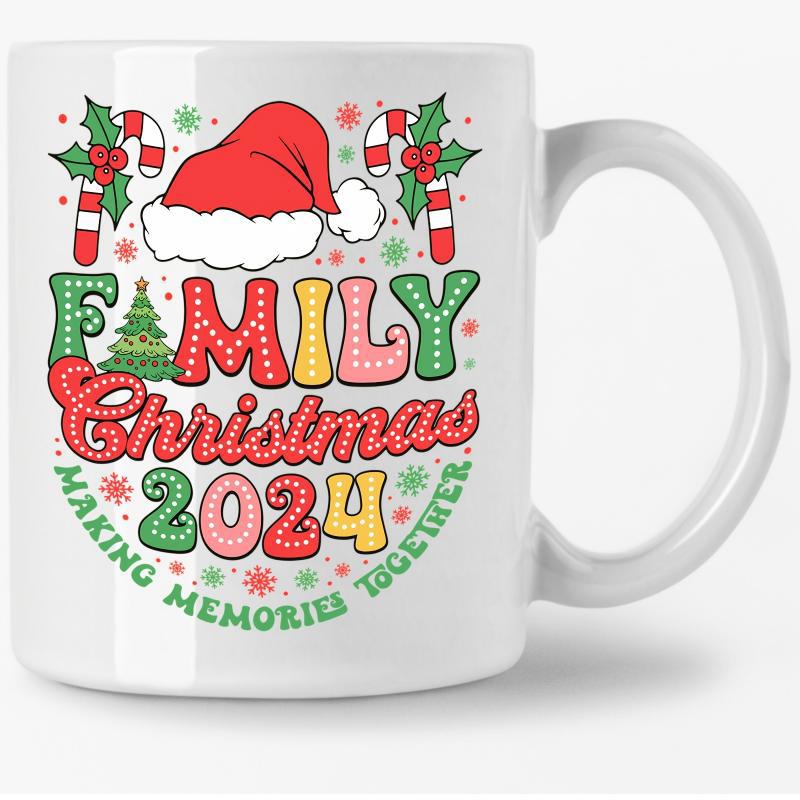 Tailorly White Ceramic 11 oz Mug - Family Christmas Making Memories Together Festive Red Hat Surrounded By Candy Canes And Small Stars Santa Hat