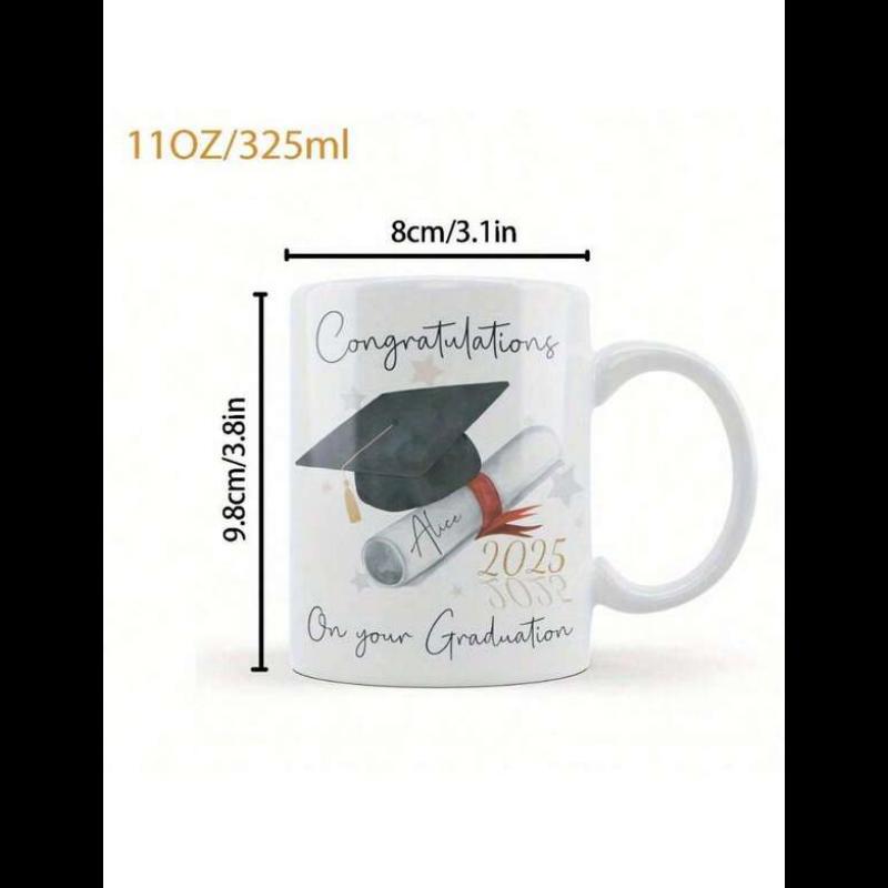 Tailorly White Ceramic 11 oz Mug - Congratulations On Your Graduation Class Of 2025 Elegant Academic Cap Featuring A Rolled Diploma With Red Ribbon Mortarboard