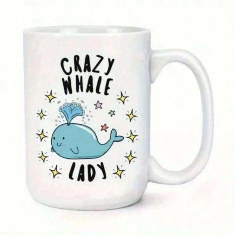 Tailorly White Ceramic 11 oz Mug - Crazy Whale Lady Adorable Blue Whale Spouting Water Among Golden Twinkling Stars Whale