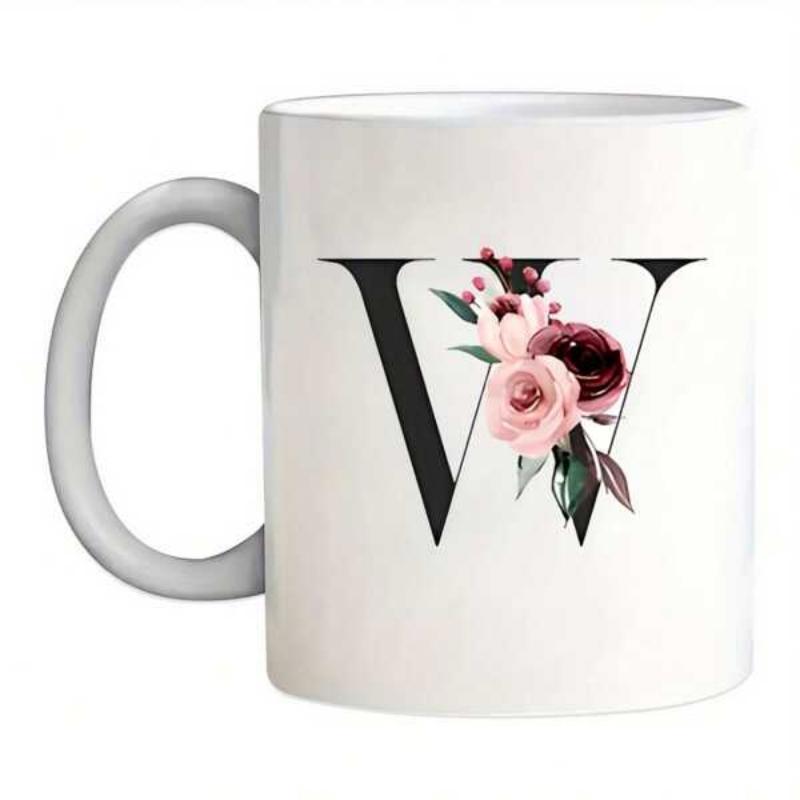 Tailorly White Ceramic 11 oz Mug - W Elegant Floral Bouquet With Soft Pink Roses Wrapped Around Bold Letter Mug