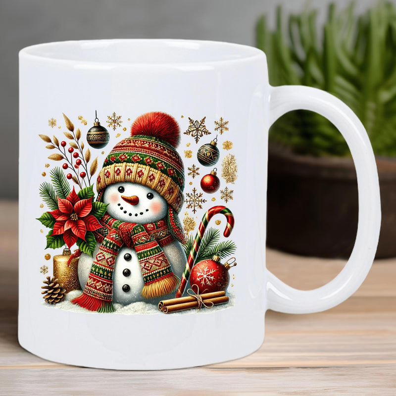 Tailorly White Ceramic 11 oz Mug - Adorable Festive Snowman Wearing Knitted Scarf And Hat Among Christmas Decorations Snowman