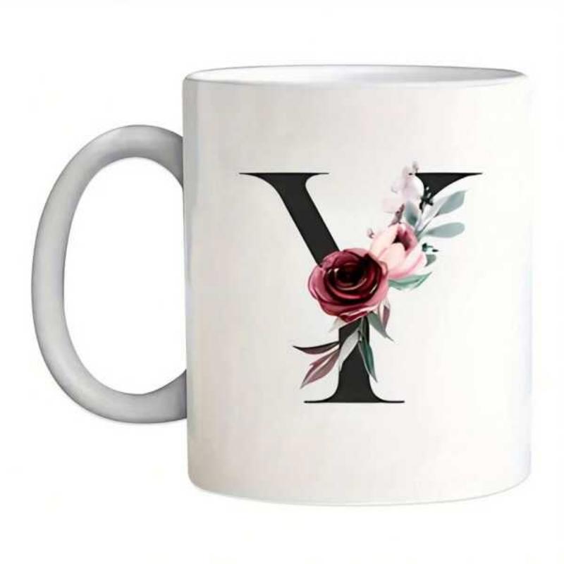 Tailorly White Ceramic 11 oz Mug - Y Elegant Serif Letter Decorated With Blooming Burgundy Roses And Soft Leaves Flower