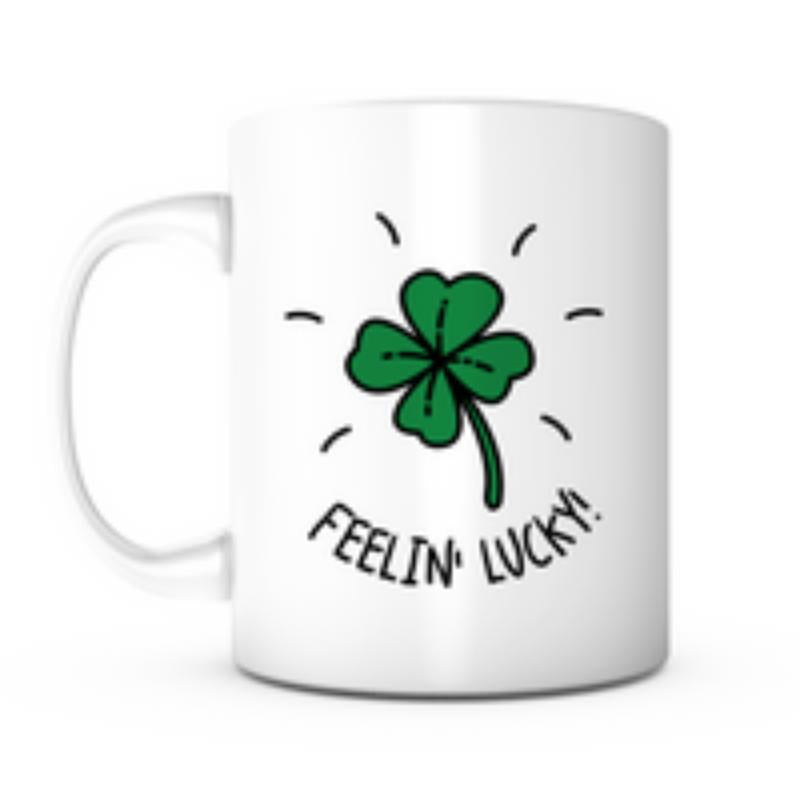 Tailorly White Ceramic 11 oz Mug - Feelin Lucky Vibrant Green Four Leaf Clover With Radiant Hand Drawn Lines Clover