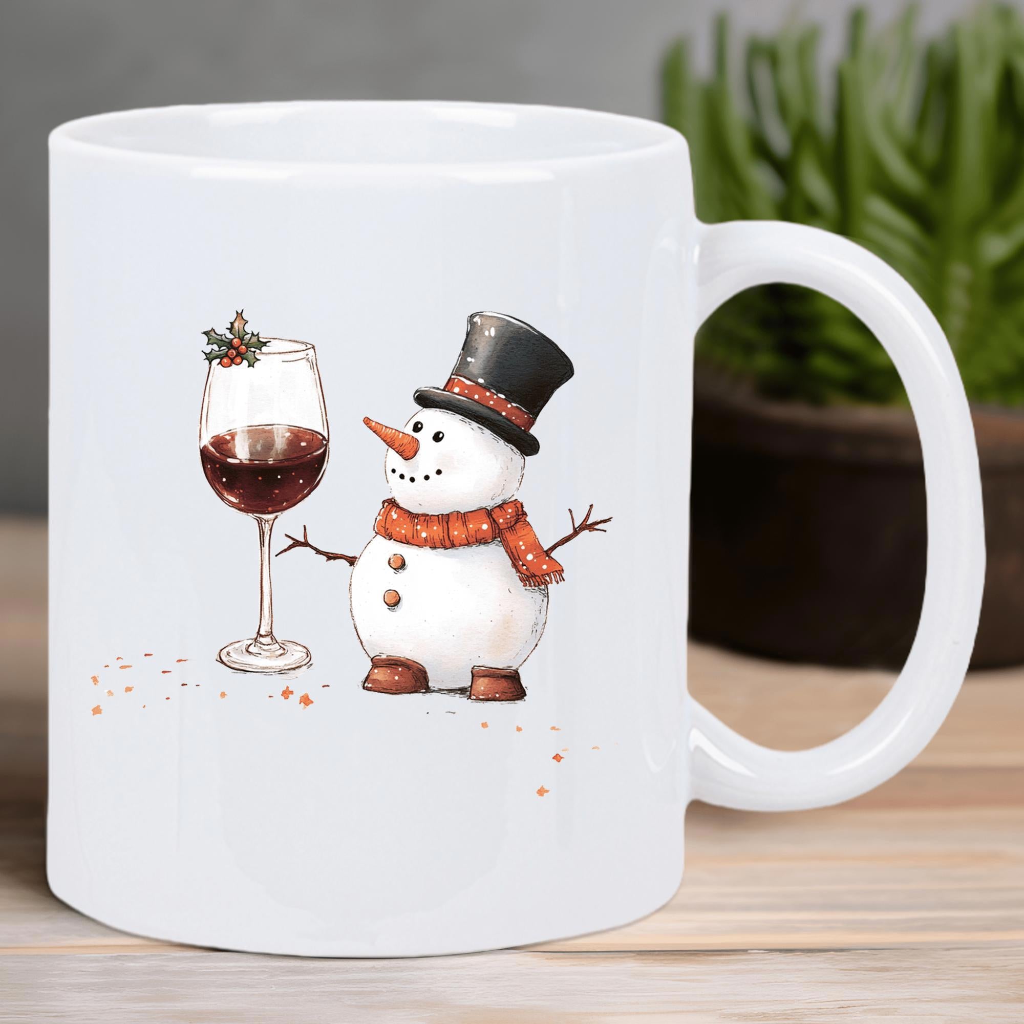 Tailorly White Ceramic 11 oz Mug - Charming Winter Snowman Wearing Top Hat Beside A Large Elegant Wine Glass Snowman
