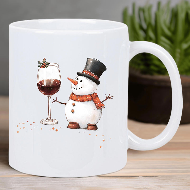 Tailorly White Ceramic 11 oz Mug - Charming Winter Snowman Wearing Top Hat Beside A Large Elegant Wine Glass Snowman