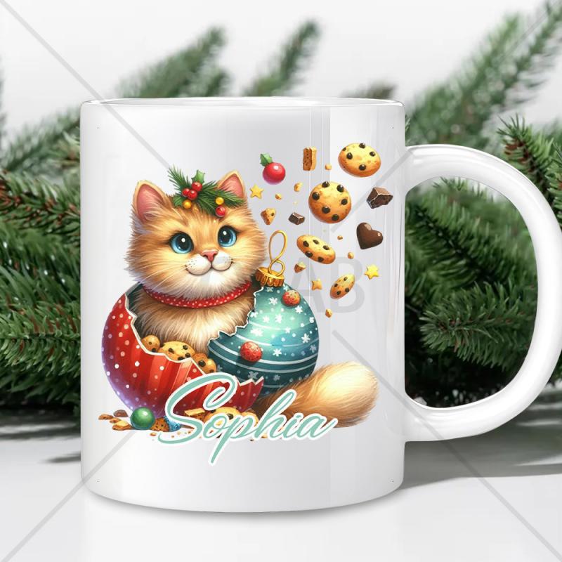 Tailorly White Ceramic 11 oz Mug - Sophia Playful Orange Cat Resting Inside Broken Red Polka Dot Christmas Ornament Cat