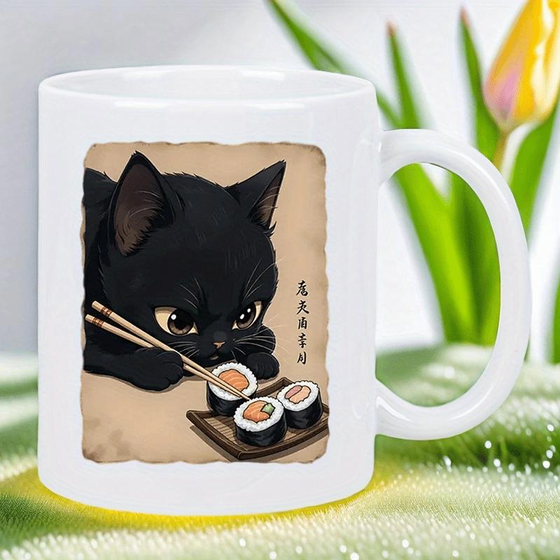 Tailorly White Ceramic 11 oz Mug - Adorable Small Black Kitten Using Wooden Chopsticks To Eat Fresh Delicious Sushi Cat