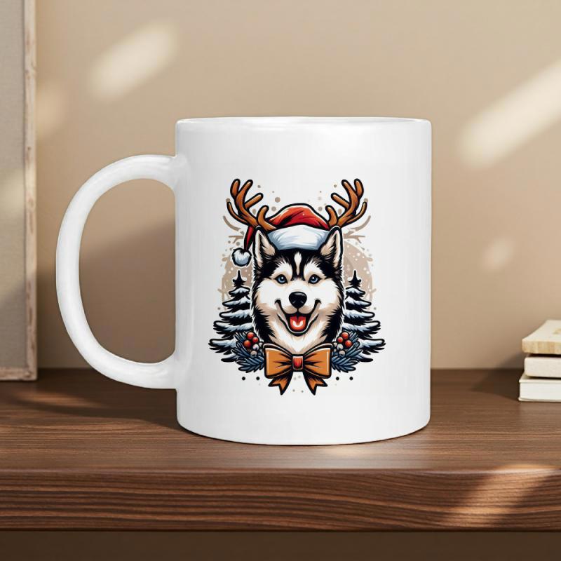 Tailorly White Ceramic 11 oz Mug - Festive Holiday Siberian Husky Wearing Reindeer Antlers And Red Santa Hat Husky