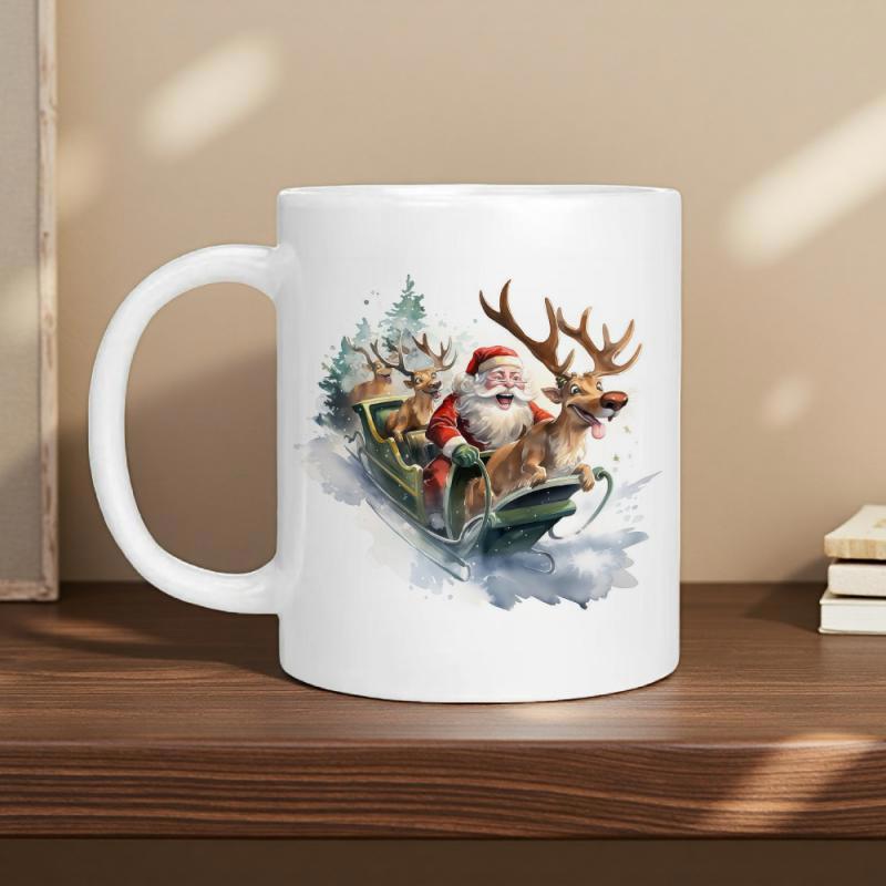 Tailorly White Ceramic 11 oz Mug - Festive Santa Claus Riding Through Snow In A Traditional Reindeer Sleigh