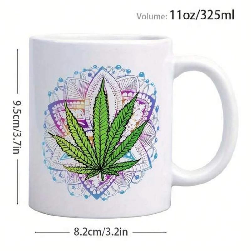 Tailorly White Ceramic 11 oz Mug - Vibrant Colorful Geometric Mandala Pattern Featuring A Green Herbal Leaf