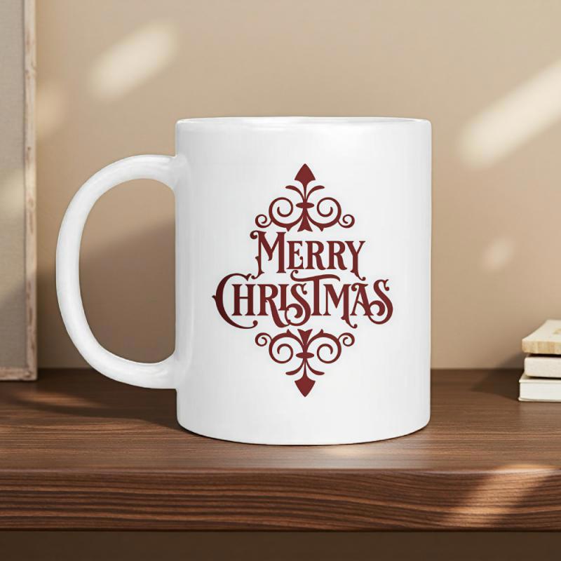 Tailorly White Ceramic 11 oz Mug - Merry Christmas Elegant Symmetrical Red Filigree Scrolls Arranged Around Central Holiday Message Mug