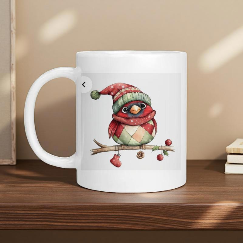 Tailorly White Ceramic 11 oz Mug - Charming Festive Red Bird Wearing Winter Hat Resting On Decorated Branch Bird