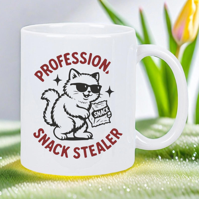 Tailorly White Ceramic 11 oz Mug - Professional Snack Stealer Cool Cartoon Feline Wearing Sunglasses Holding A Snack Bag Among Stars Cat