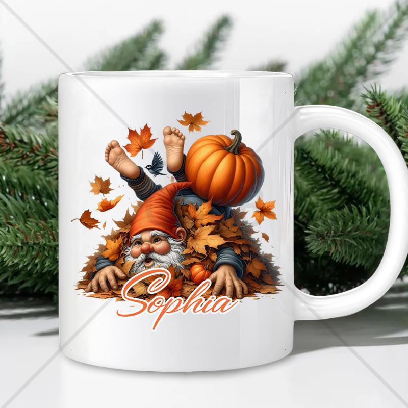Tailorly White Ceramic 11 oz Mug - Sophia Whimsical Autumn Scene Featuring A Charming Little Leaf Covered Gnome