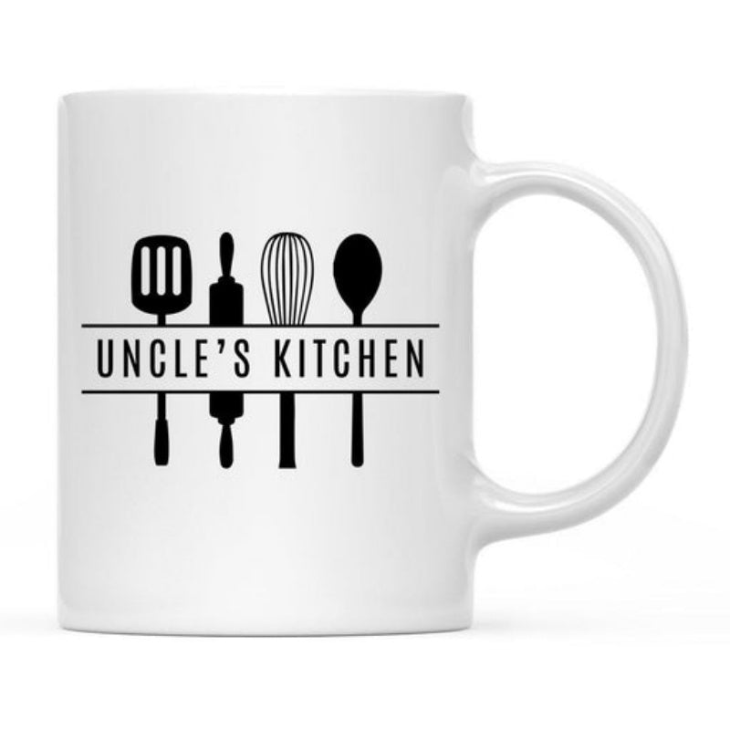 Tailorly White Ceramic 11 oz Mug - Uncles Kitchen Sleek Black Cooking Utensils Arranged Neatly Between Two Parallel Horizontal Lines Kitchenware
