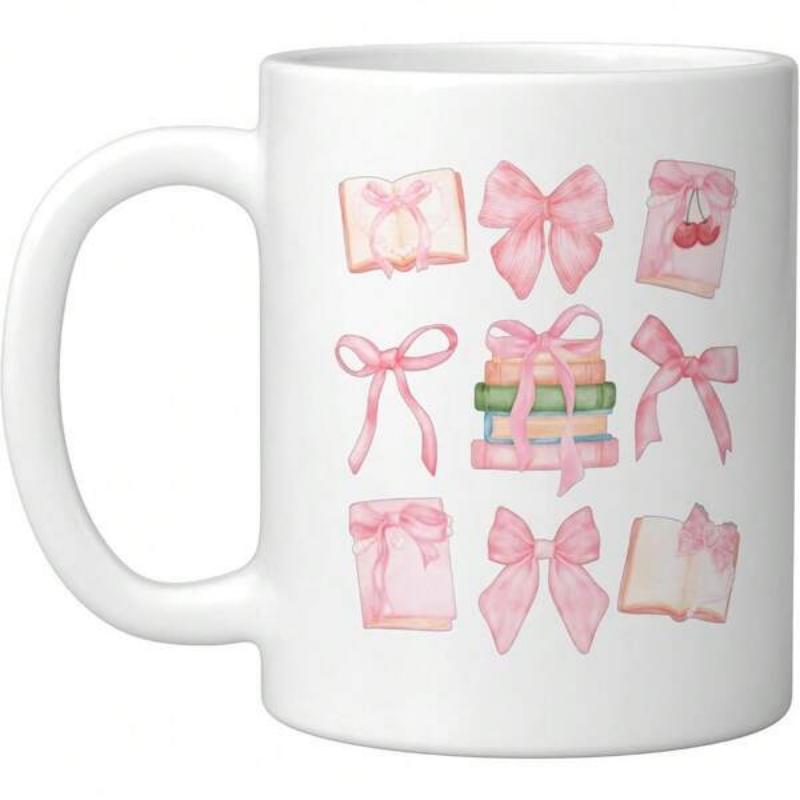 Tailorly White Ceramic 11 oz Mug - Delicate Pink Watercolor Ribbons Adorning Books And Festive Gift Boxes Bow