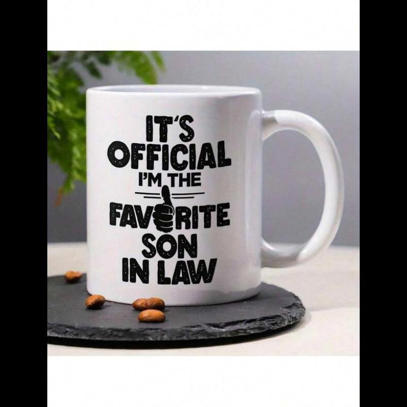 Tailorly White Ceramic 11 oz Mug - Its Official Im The Favorite Son In Law Minimalist Black Bold Lettering With Thumb Up Icon Graphic Novelty Mug