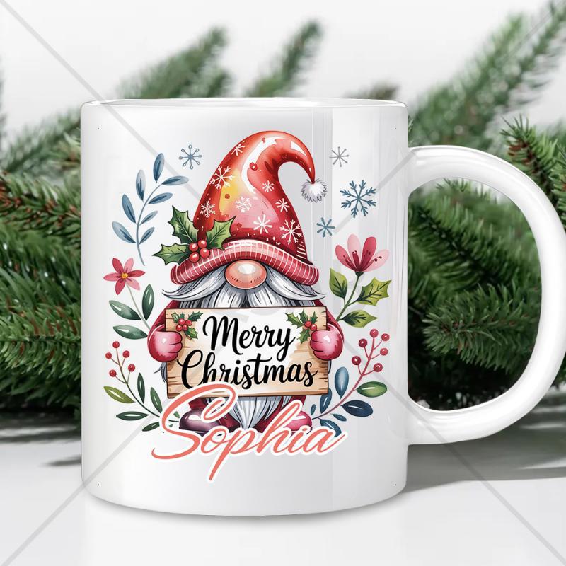 Tailorly White Ceramic 11 oz Mug - Merry Christmas Sophia Festive Illustration With Floral Accents And Holiday Berries Surrounding A Cute Gnome