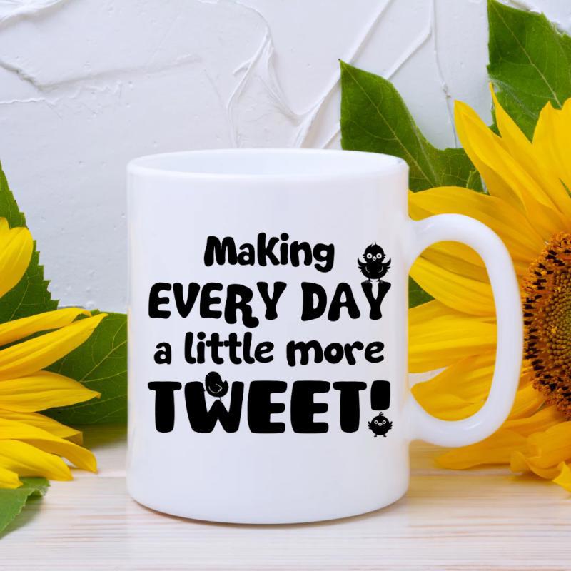 Tailorly White Ceramic 11 oz Mug - Making Every Day A Little More Tweet Minimalist Black Ink Illustrations Of Small Birds Perched Among Playful Typography Mug