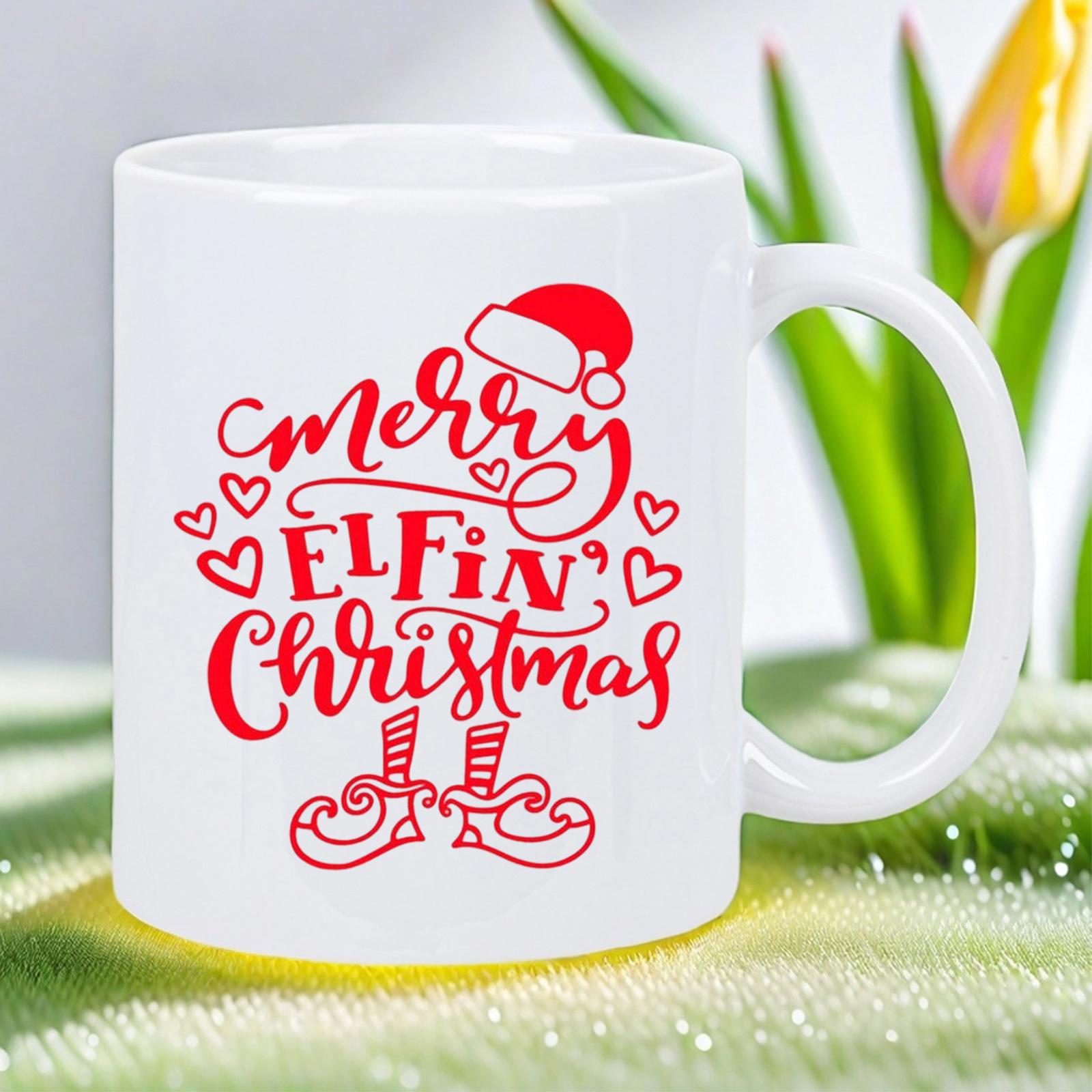 Tailorly White Ceramic 11 oz Mug - Merry Elfin Christmas Red Festive Typography Adorned With Santa Hat Small Hearts And Boots