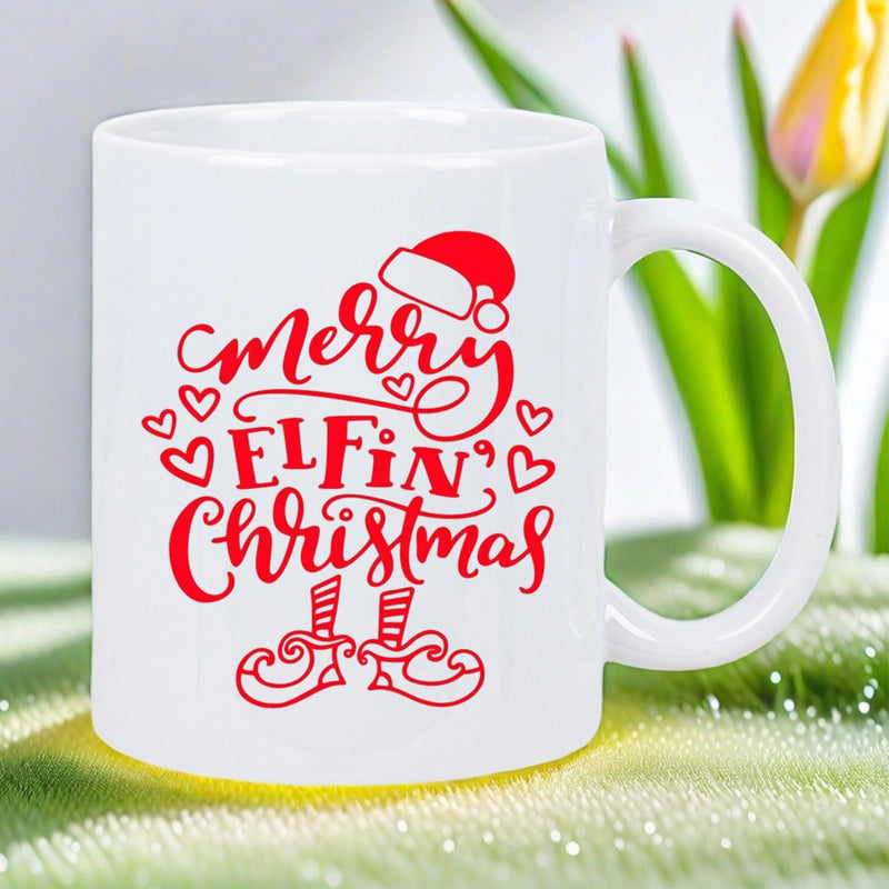 Tailorly White Ceramic 11 oz Mug - Merry Elfin Christmas Red Festive Typography Adorned With Santa Hat Small Hearts And Boots